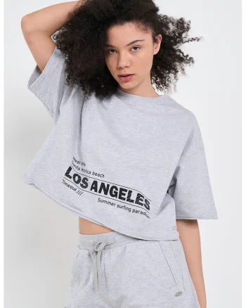 Tricou lejer cu imprimeu text, Gri deschis melange
