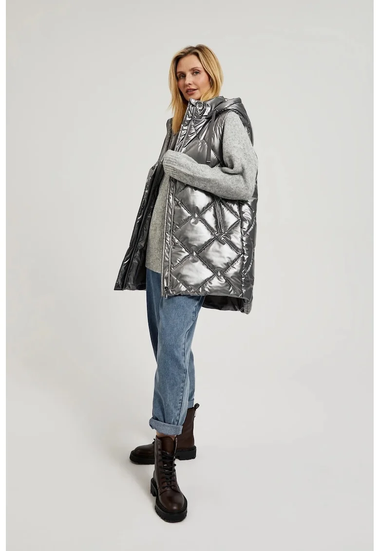 Vesta cu gluga quilted argintie, Gri