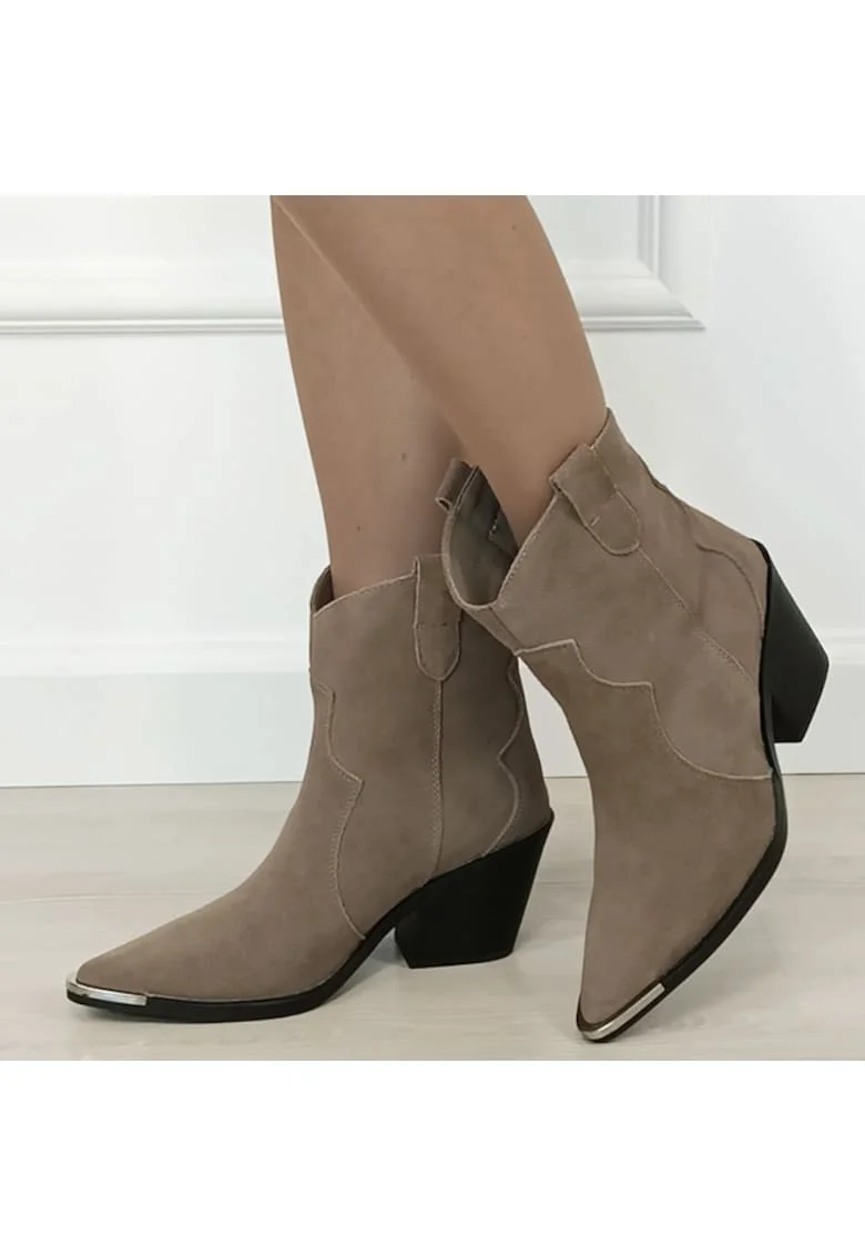 Cizme scurte kaki din piele naturala cu toc comod 6397 114 18651, Kaki
