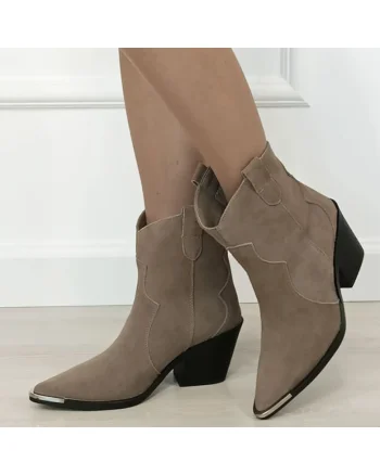 Cizme scurte kaki din piele naturala cu toc comod 6397 114 18651, Kaki