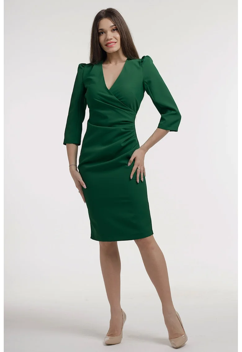 Rochie midi cambrata cu deoclteu in V, Verde padure
