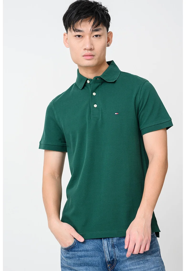 Tricou polo slim fit din amestec de bumbac organic, Verde englez