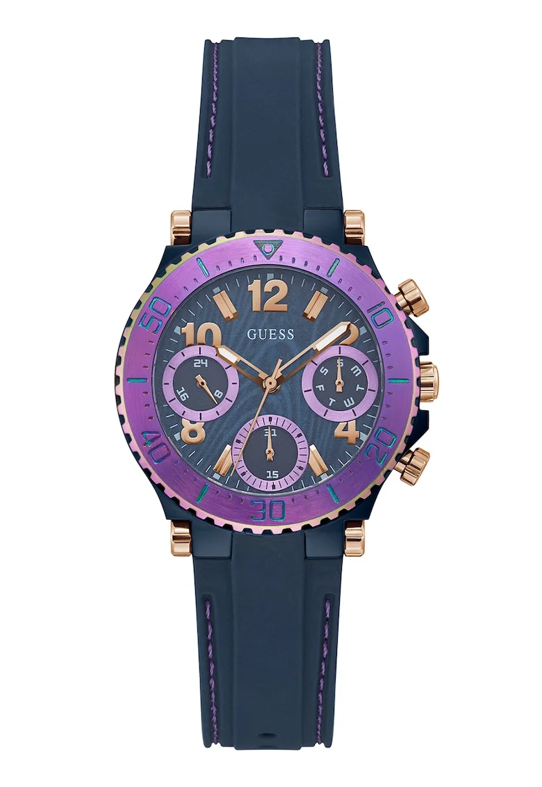 Ceas din otel inoxidabil cu o curea de silicon, Auriu rose/Violet ametist/Bleumarin inchis