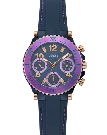 Ceas din otel inoxidabil cu o curea de silicon, Auriu rose/Violet ametist/Bleumarin inchis
