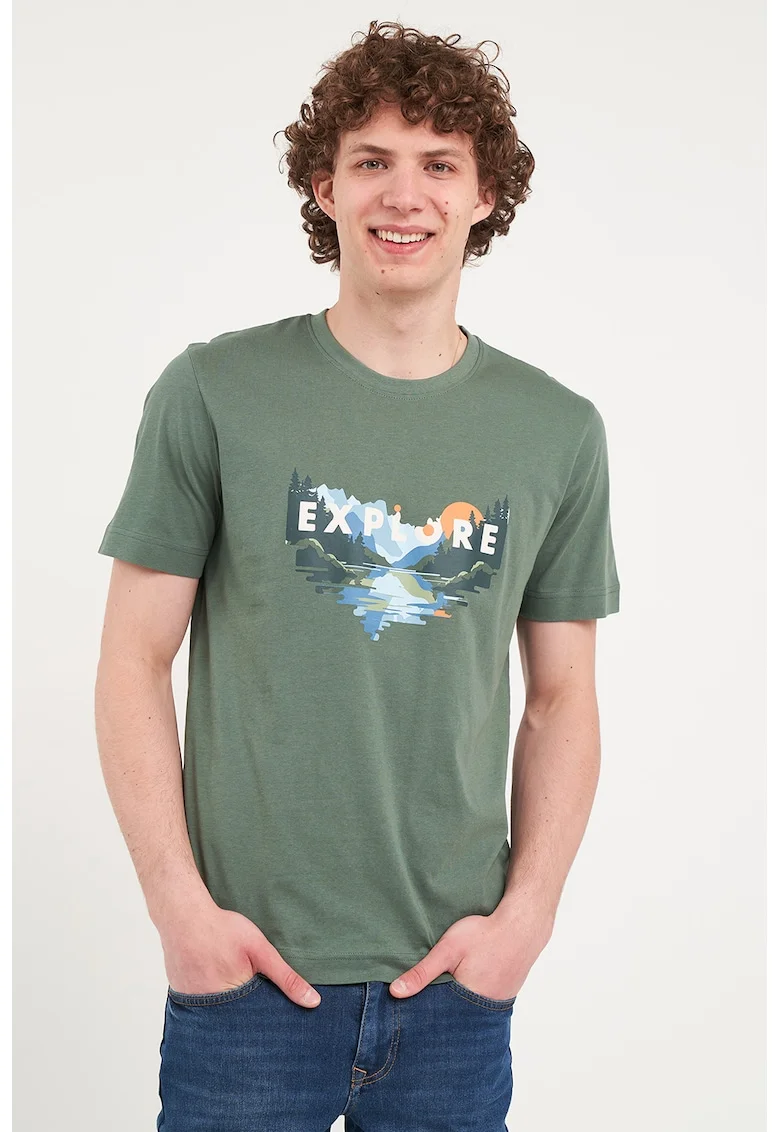 Tricou cu decolteu la baza gatului si model grafic, Verde pal/Albastru deschis