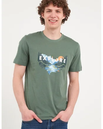 Tricou cu decolteu la baza gatului si model grafic, Verde pal/Albastru deschis