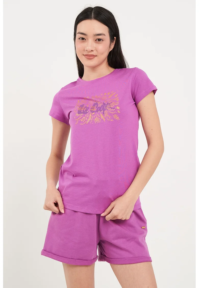 Tricou cu decolteu la baza gatului si imprimeu, Roz deschis