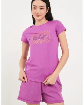 Tricou cu decolteu la baza gatului si imprimeu, Roz deschis