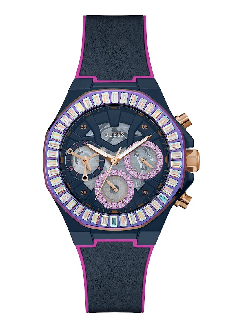 Ceas din otel inoxidabil cu o curea de piele, Purpuriu/Violet ametist/Bleumarin inchis