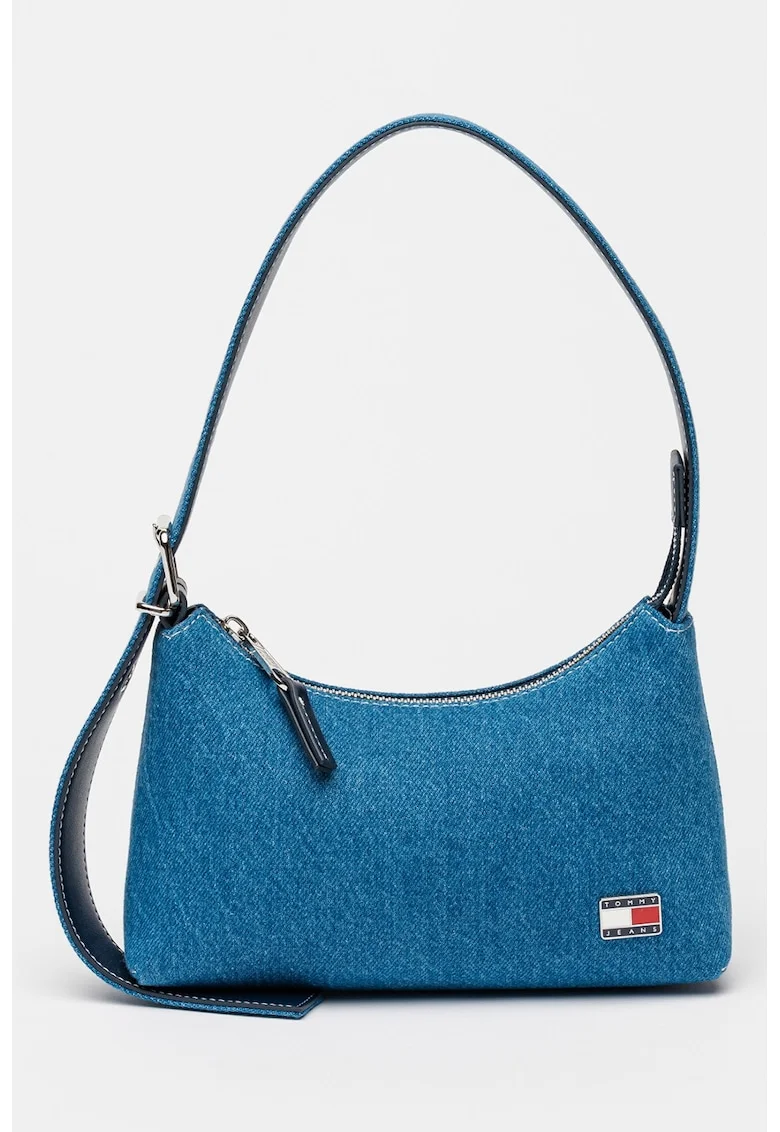 Geanta din denim cu bareta de umar si logo, Albastru