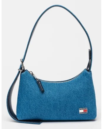Geanta din denim cu bareta de umar si logo, Albastru