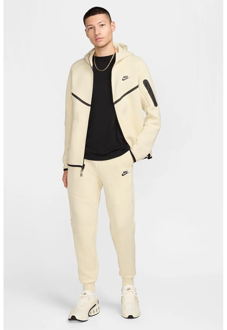 Pantaloni de trening din amestec de bumbac cu talie ajustabilia, Bej