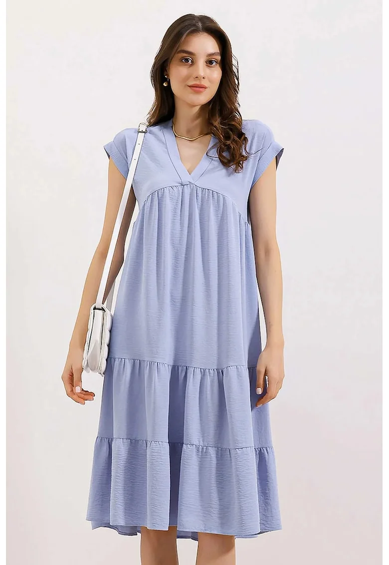 Rochie Midi HiCCUP cu volane si decolteu in V, Albastru, Textil