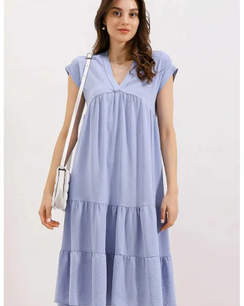 Rochie Midi HiCCUP cu volane si decolteu in V, Albastru, Textil