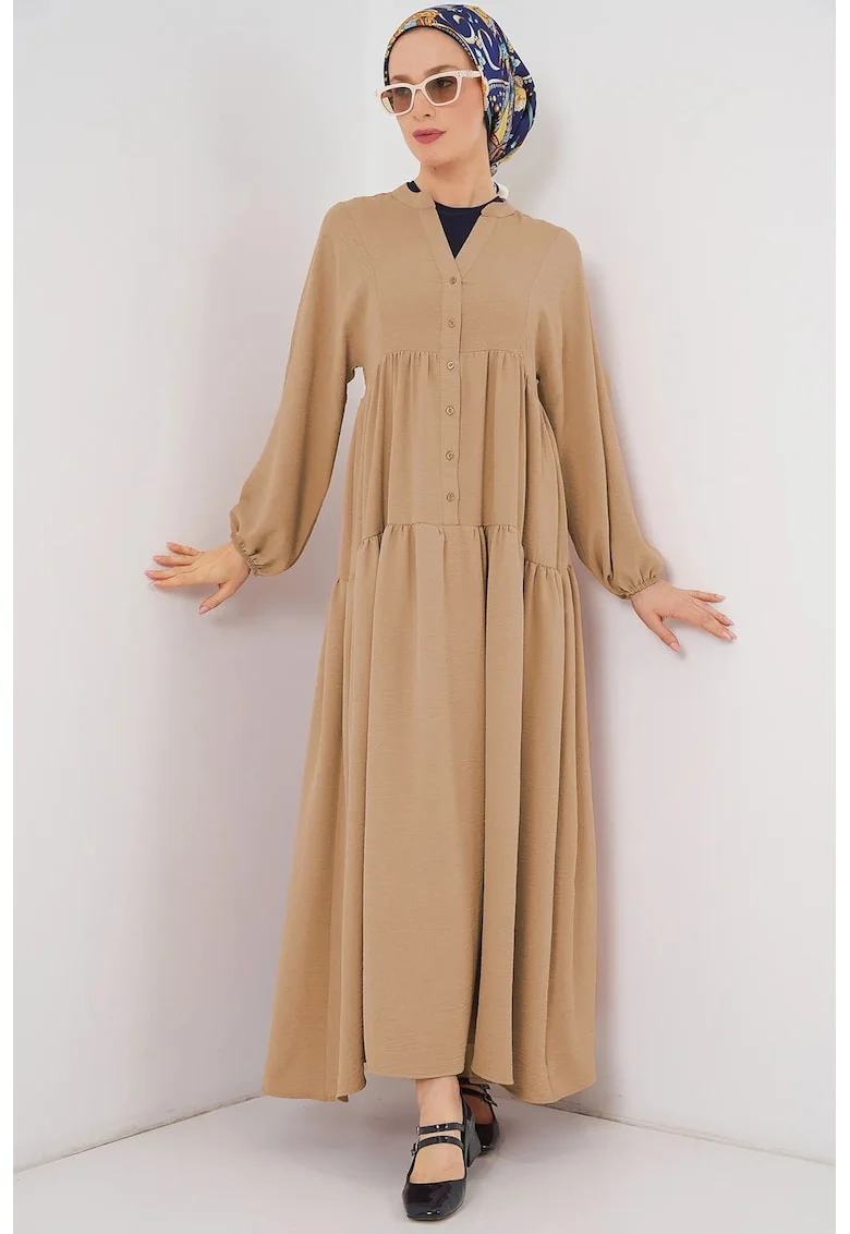 Rochie Maxi, HiCCUP, Relaxed Fit, guler in V, maro castor, textil