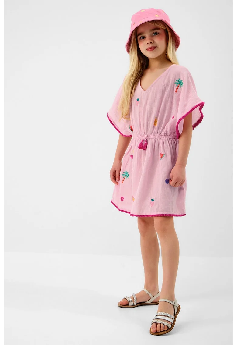 Rochie cu decolteu in V si broderie, Galben/Roz pal/Albastru