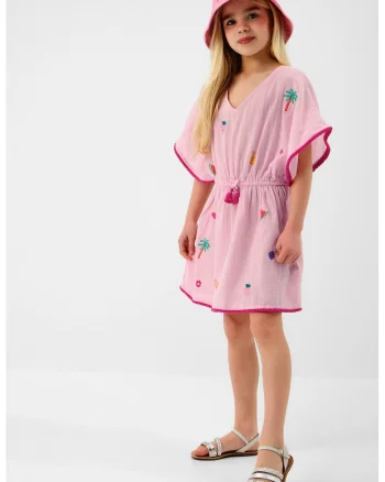 Rochie cu decolteu in V si broderie, Galben/Roz pal/Albastru