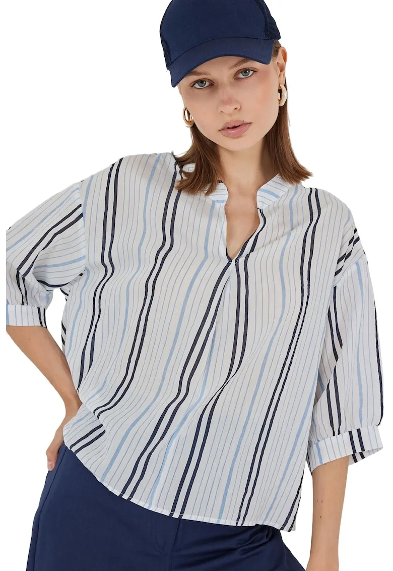 Bluza dama, HiCCUP, cu decolteu in V, dungi, albastru gheata, textil