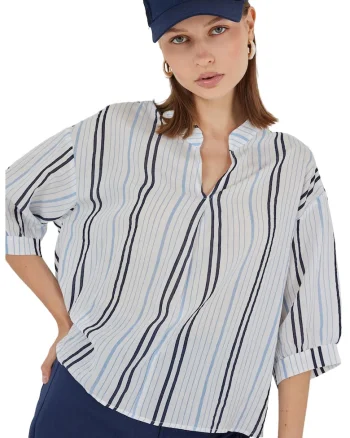 Bluza dama, HiCCUP, cu decolteu in V, dungi, albastru gheata, textil