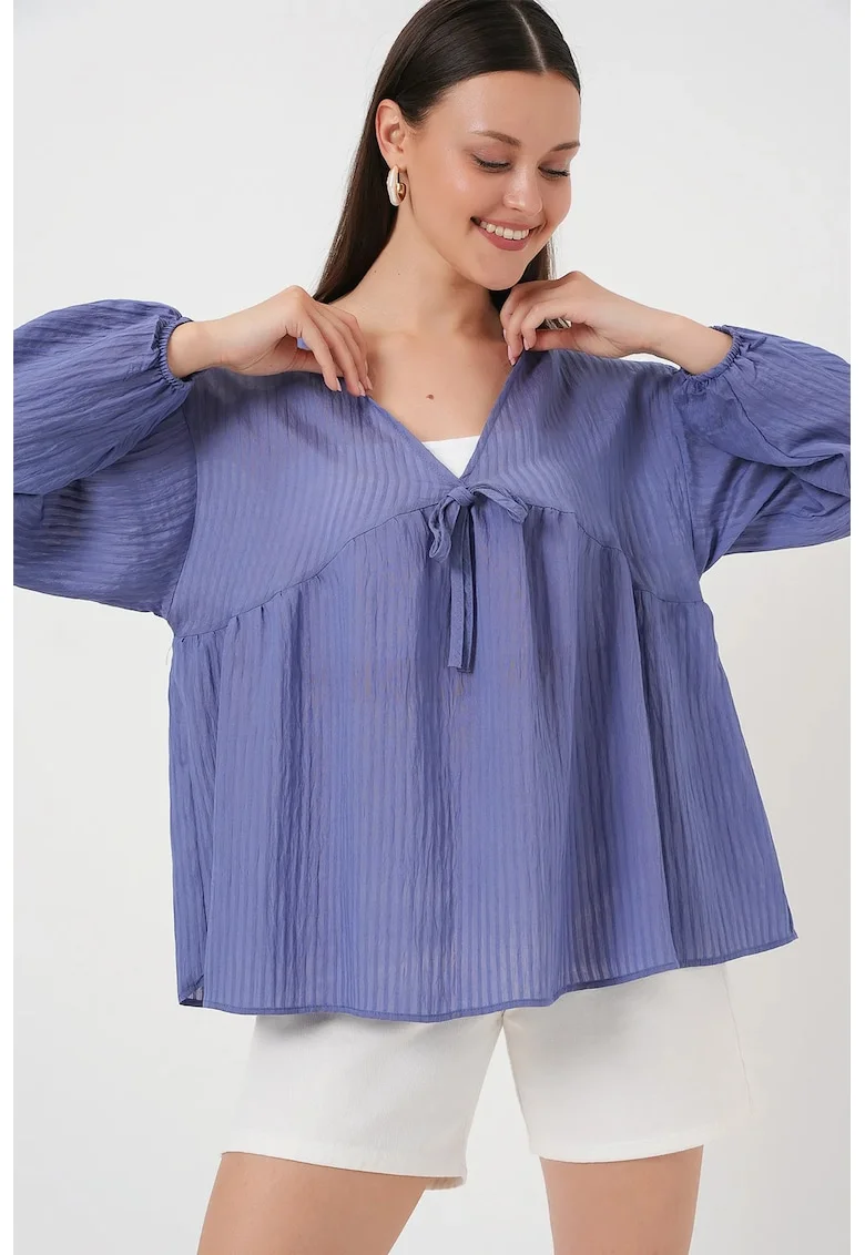 Bluza dama, HiCCUP, BDART, volane, decolteu in V, albastru oxford, textil