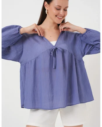 Bluza dama, HiCCUP, BDART, volane, decolteu in V, albastru oxford, textil