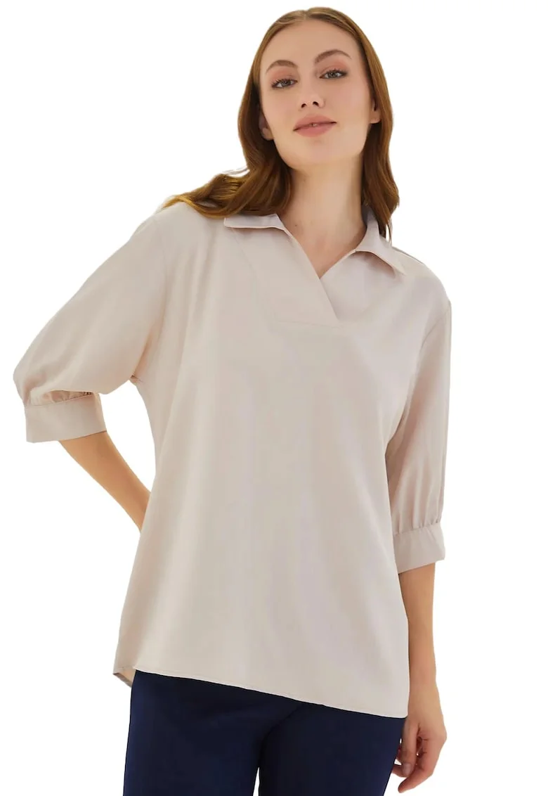 Bluza dama HiCCUP, guler polo, croiala larga, crem, textil