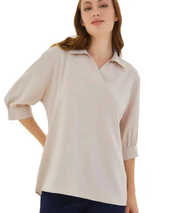 Bluza dama HiCCUP, guler polo, croiala larga, crem, textil