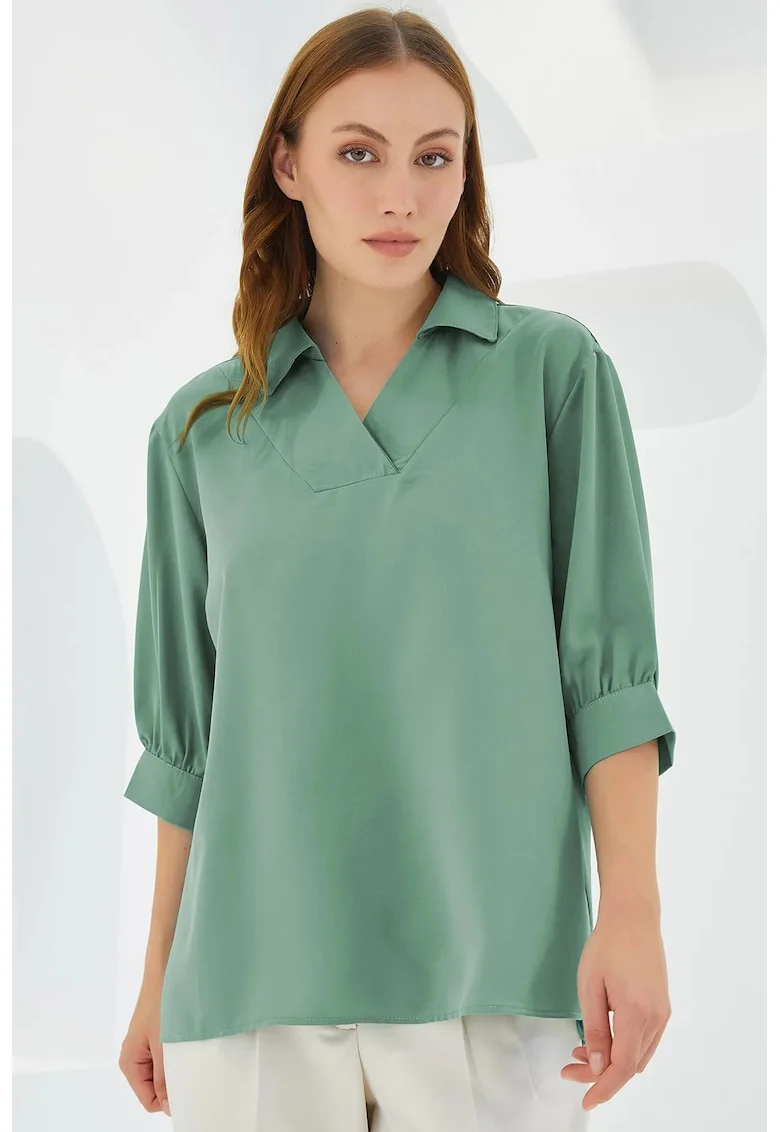 Bluza dama, HiCCUP, guler polo, croiala lejera, verde, textil