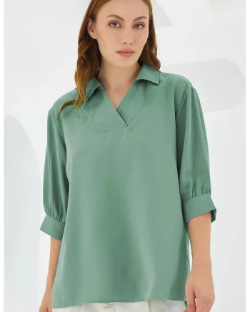 Bluza dama, HiCCUP, guler polo, croiala lejera, verde, textil
