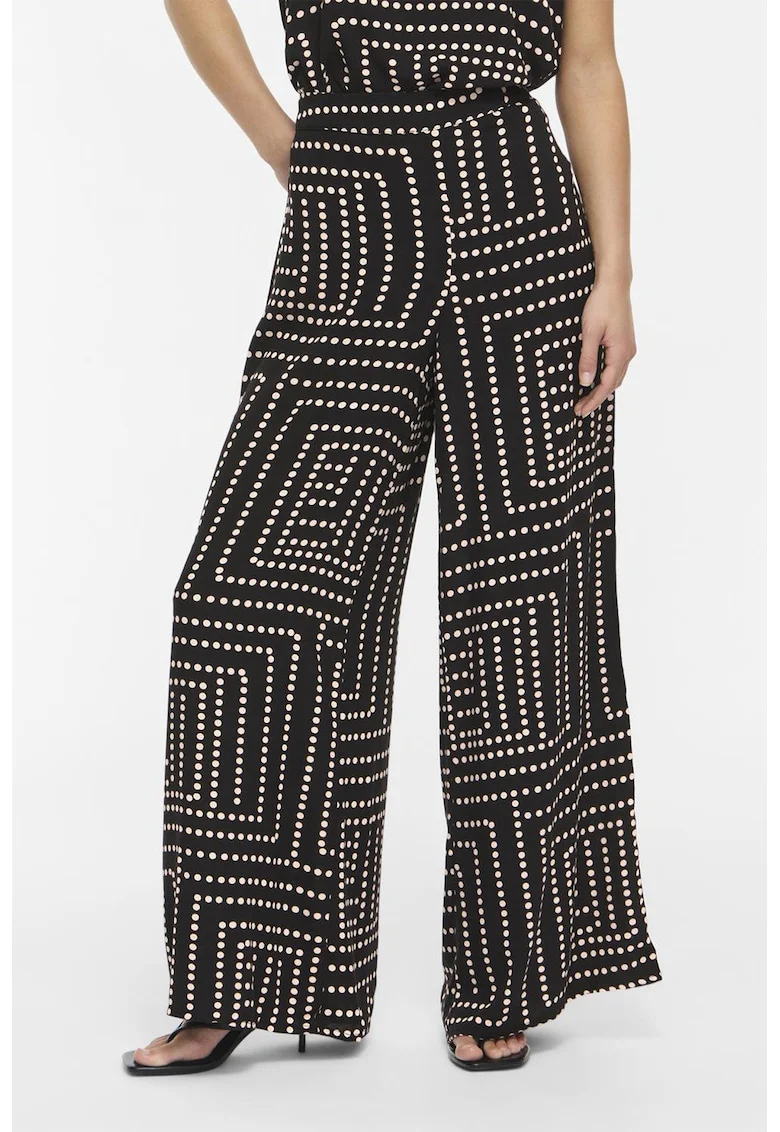 Pantaloni cu croiala ampla si talie elastica, Negru/Crem
