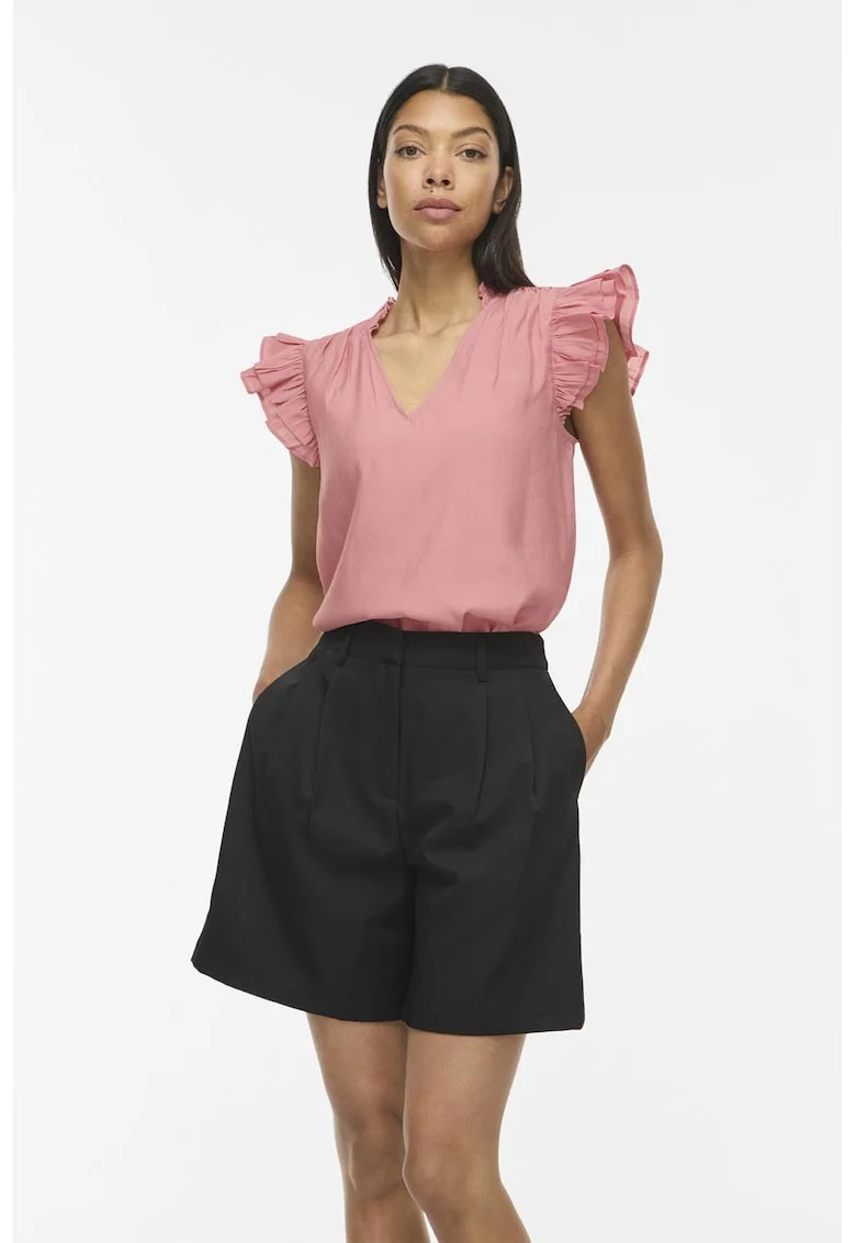 Bluza cu decolteu in V si volane, Roz deschis