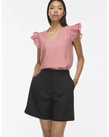 Bluza cu decolteu in V si volane, Roz deschis