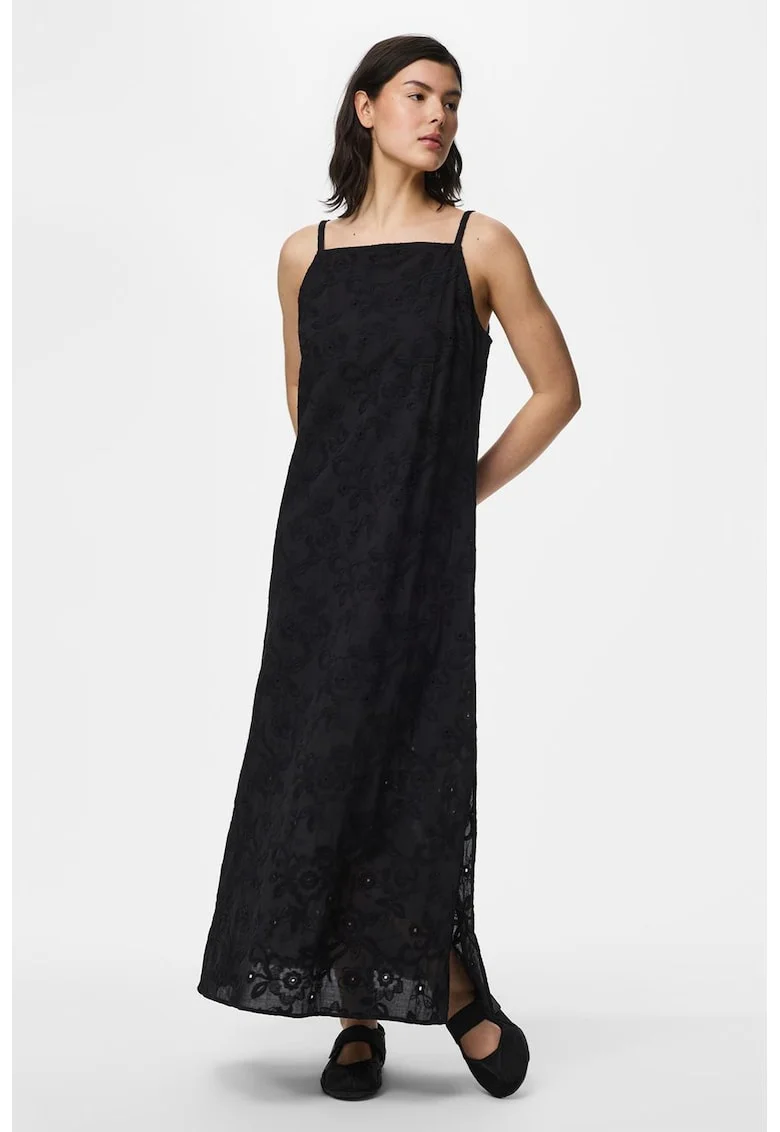 Rochie lunga de bumbac cu model floral, Negru