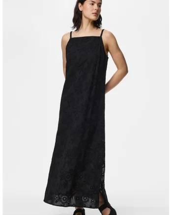 Rochie lunga de bumbac cu model floral, Negru