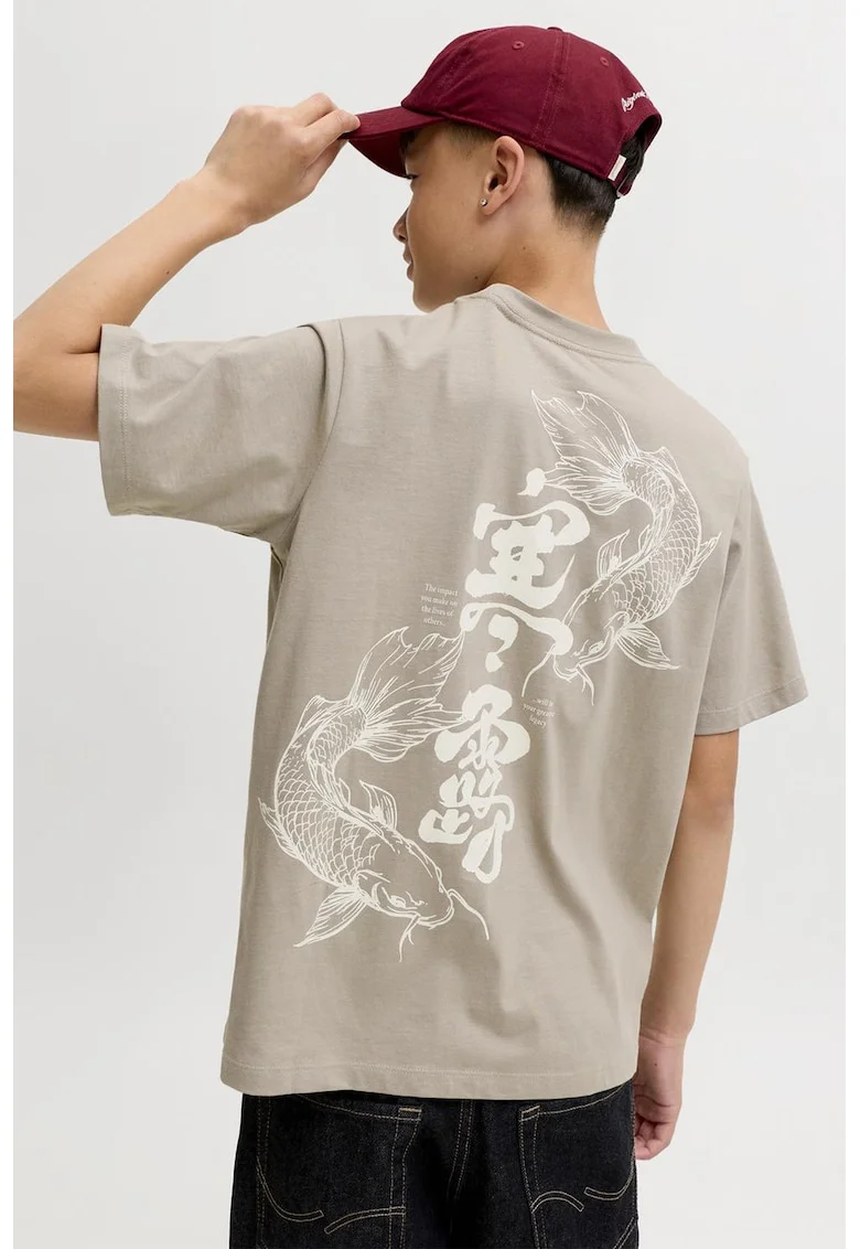 Tricou lejer de bumbac organic cu imprimeu pe spate, Maro taupe deschis/Bej deschis