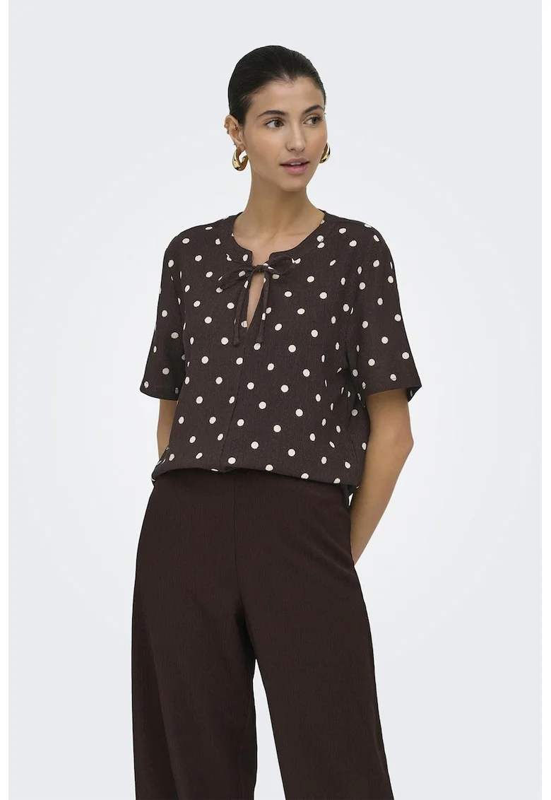 Bluza uni cu decolteu in V, Alb/Maro inchis