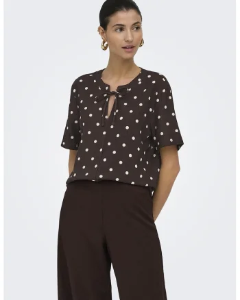 Bluza uni cu decolteu in V, Alb/Maro inchis