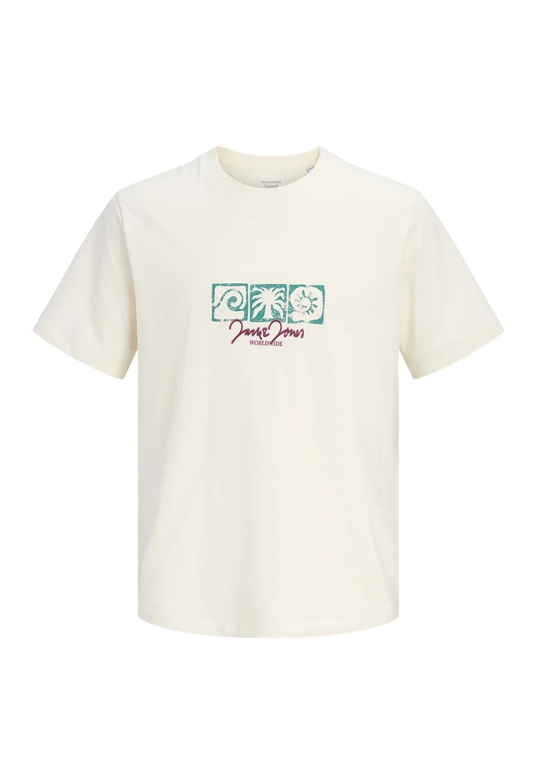 Tricou de bumbac organic cu imprimeu, Alb fildes/Turcoaz