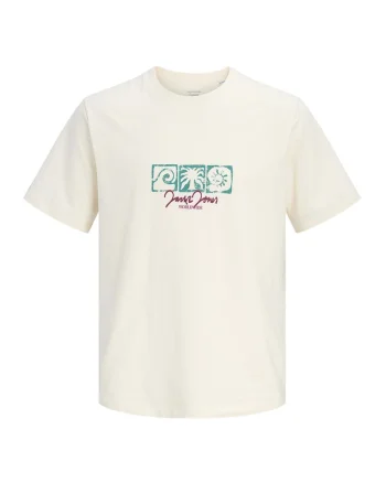 Tricou de bumbac organic cu imprimeu, Alb fildes/Turcoaz