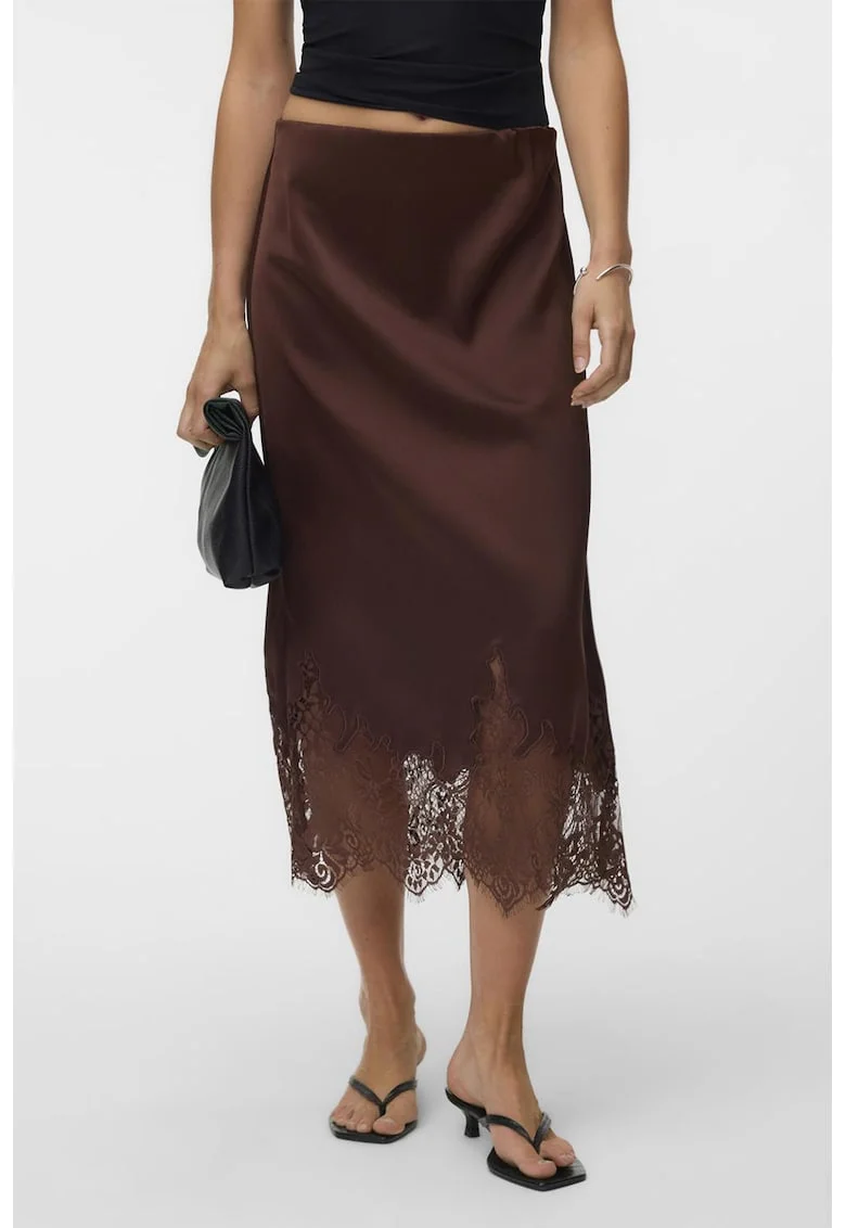 Fusta midi de satin si dantela, Maro inchis