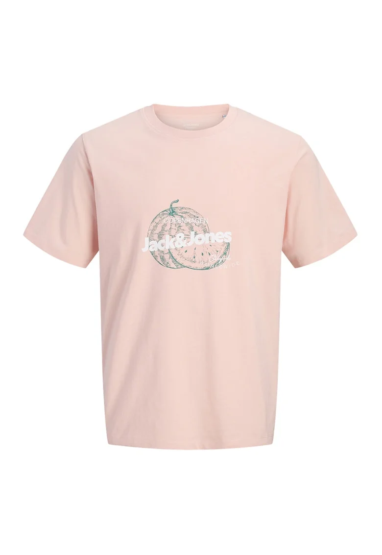 Tricou de bumbac organic cu imprimeu logo, Alb/Verde/Piersica