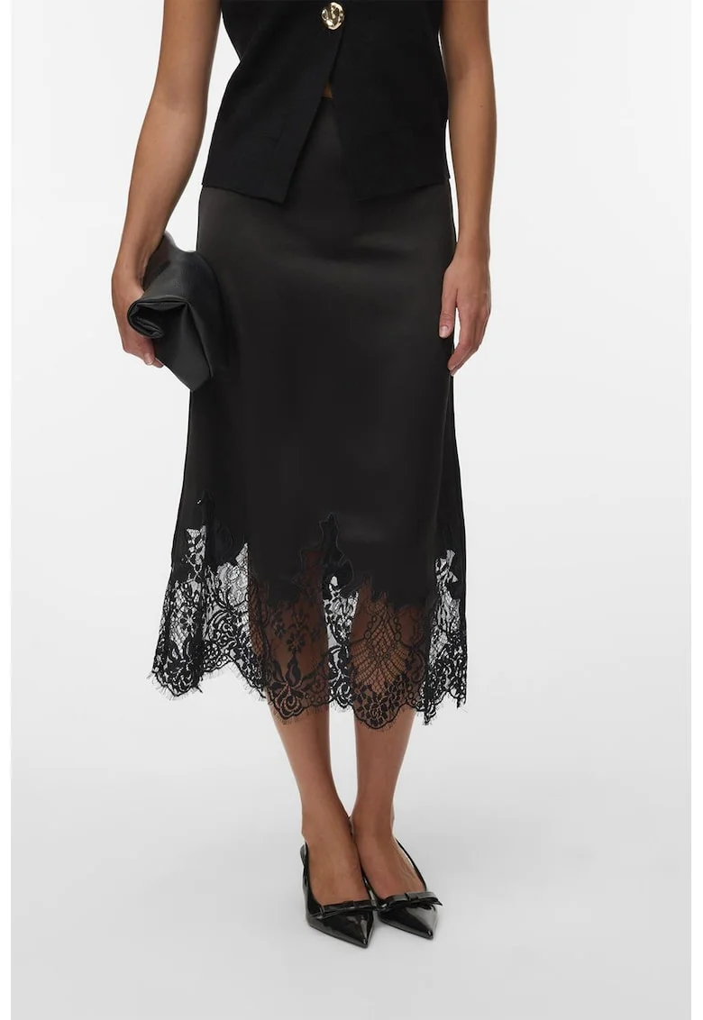 Fusta midi de satin si dantela, Negru