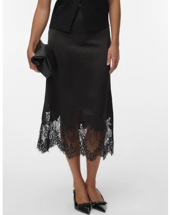 Fusta midi de satin si dantela, Negru