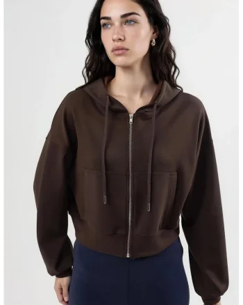 Hanorac casual  cu gluga si fermoar, maro, pentru femei, poliester/elastan