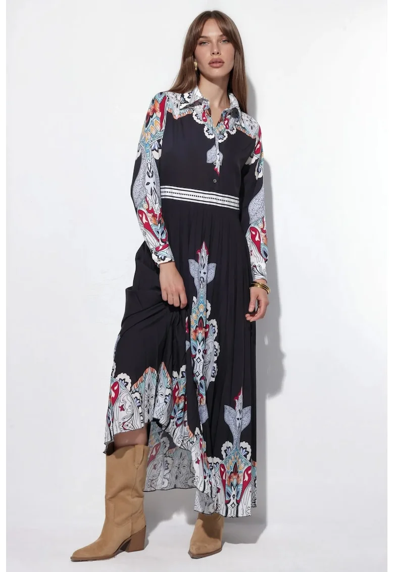 Rochie Maxi,  cu maneci lungi, neagra, poliester cu lycra