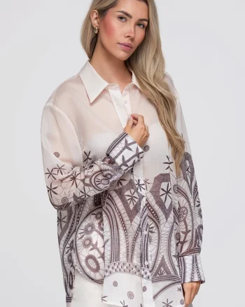 Camasa dama lunga cu croi lejer si guler clasic, material semi-transparent OW-SH-E0061, Bej, ONESIZE