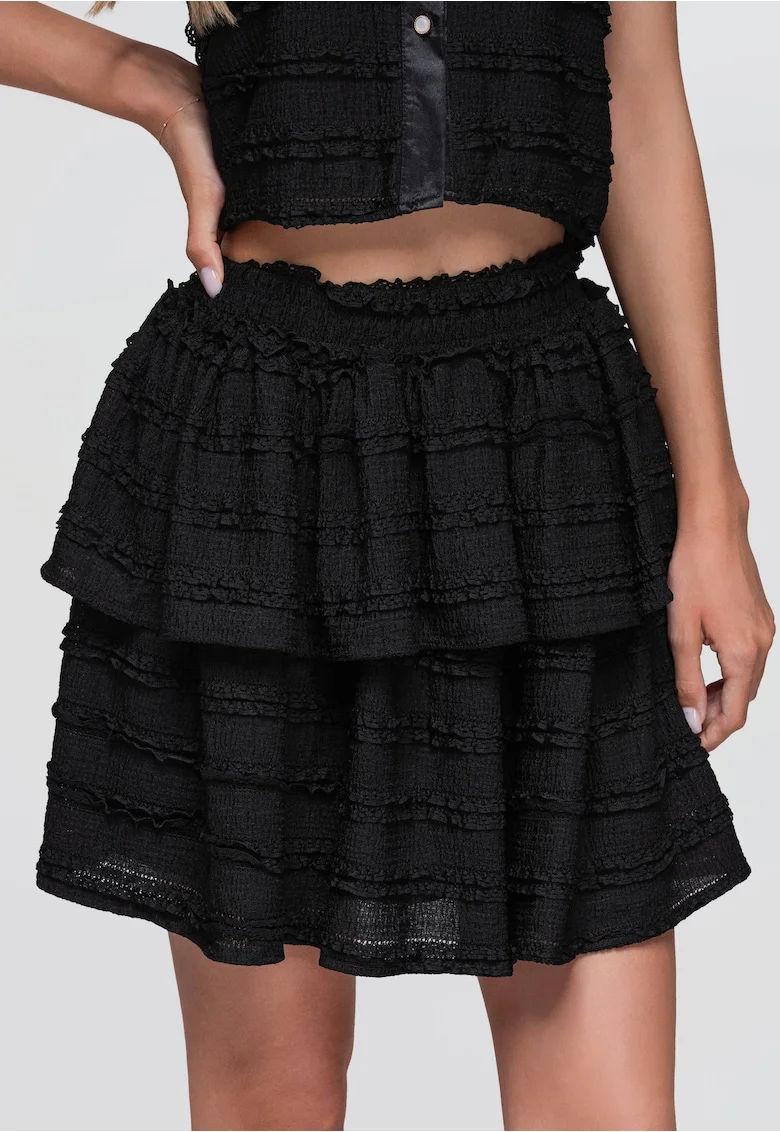 Fusta mini cu talie inalta si volane pentru femei OW-GL-E0014, Negru, S/M