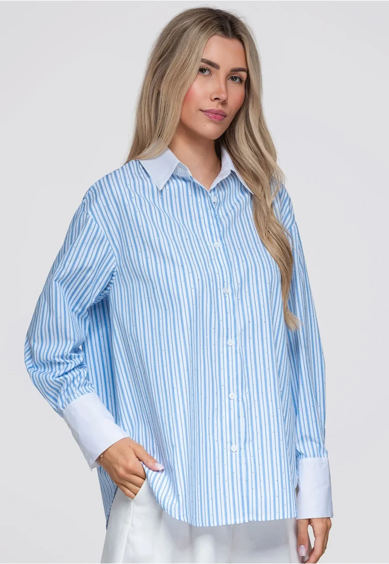 Camasa dama lungime pana la sold, croi lejer, guler clasic, maneci lungi OW-SH-E0065, Albastru, ONESIZE