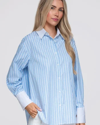 Camasa dama lungime pana la sold, croi lejer, guler clasic, maneci lungi OW-SH-E0065, Albastru, ONESIZE
