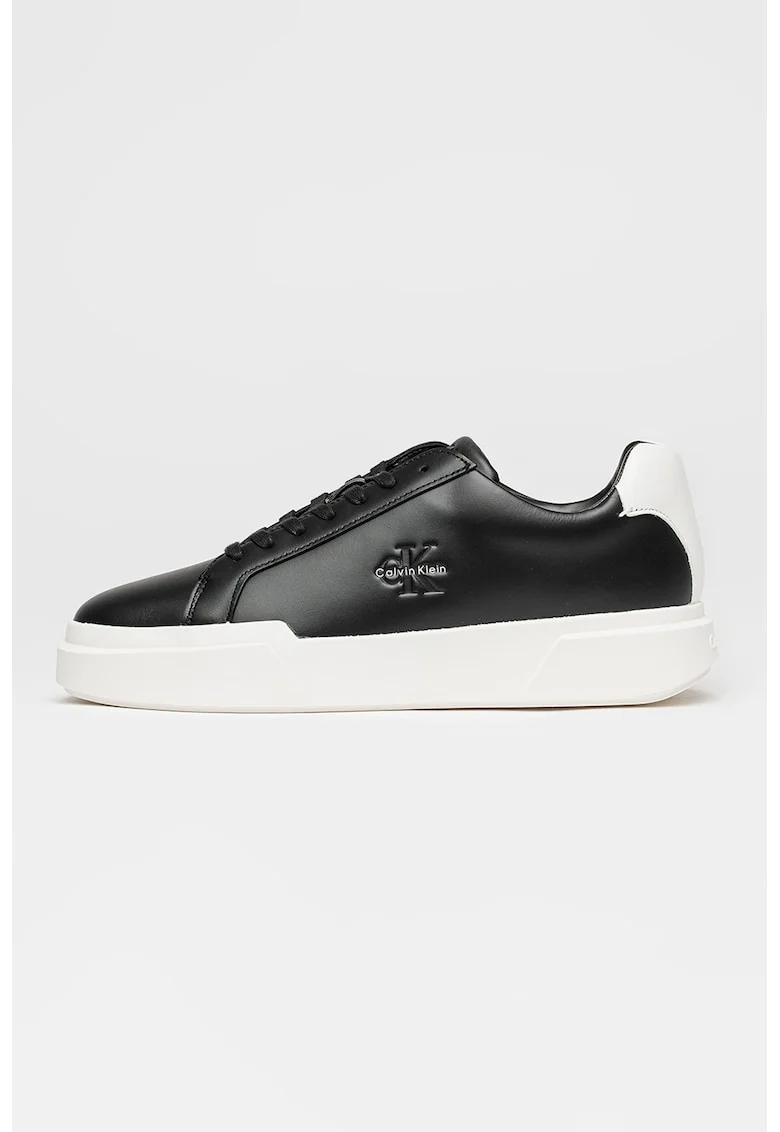 Pantofi sport low-cut de piele cu logo, Negru stins